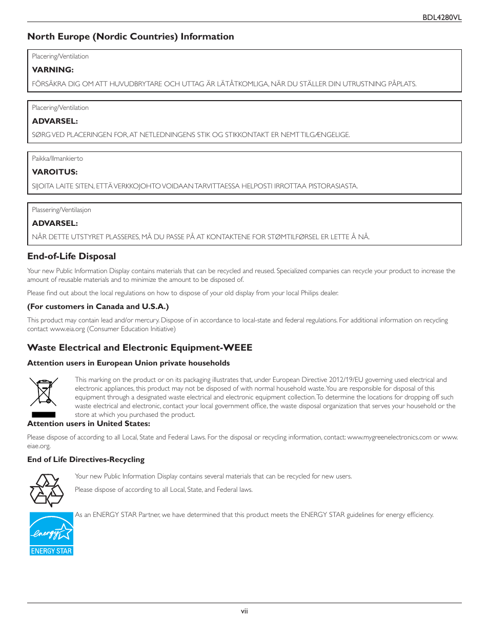 Philips Signage Solutions V-Line Display BDL4280VL 42" Edge LED Backlight Full HD 700cd-m² User Manual | Page 7 / 45