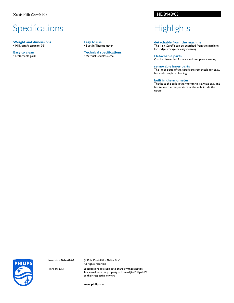 Specifications, Highlights | Philips HD8148-03 User Manual | Page 2 / 2