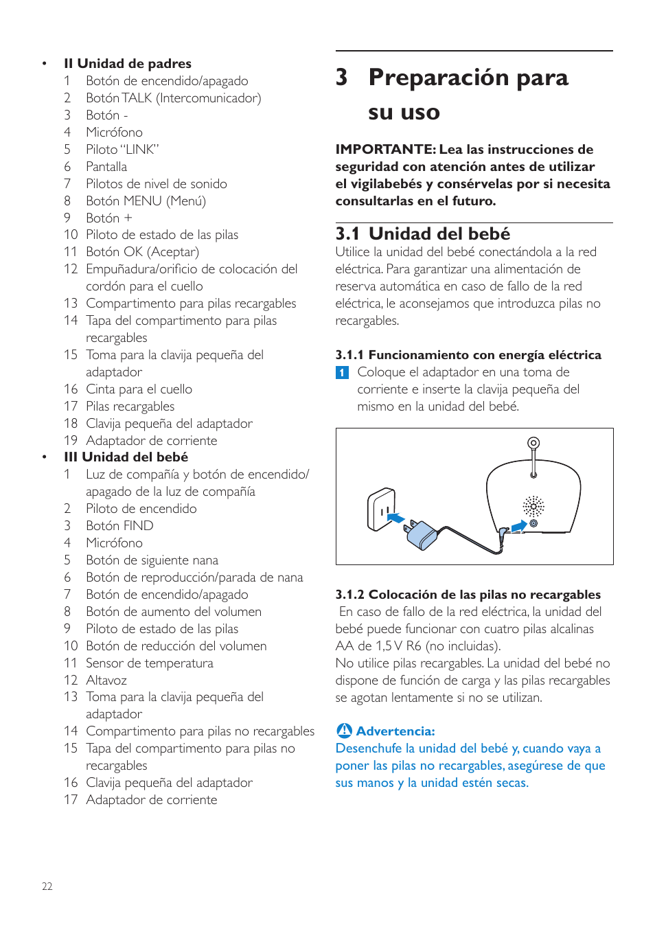 3 preparación para su uso, 1 unidad del bebé | Philips SCD560-10 User Manual | Page 22 / 80