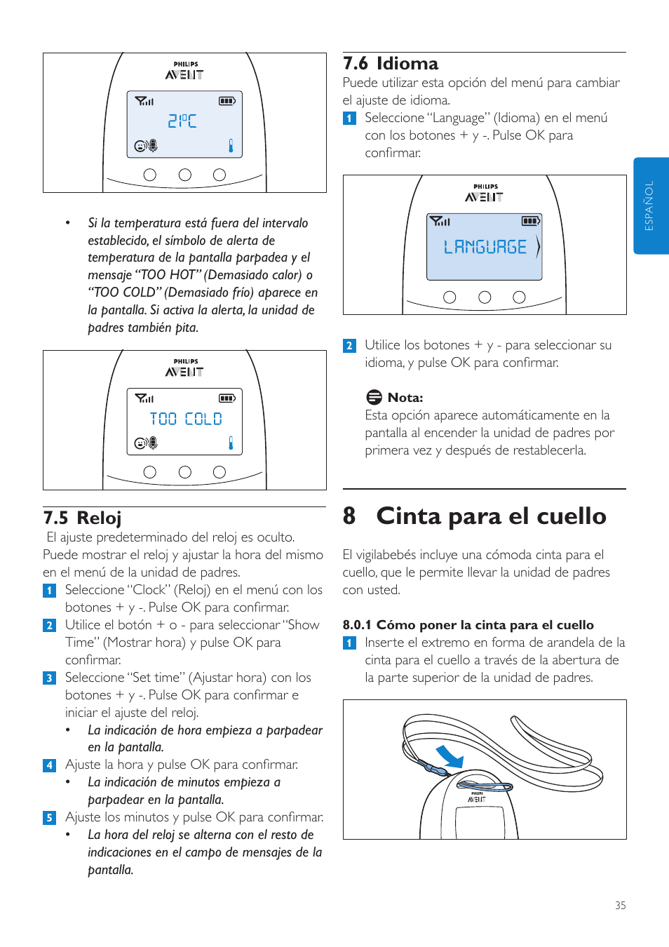 8 cinta para el cuello, 6 idioma, 5 reloj | Philips SCD560-10 User Manual | Page 35 / 80