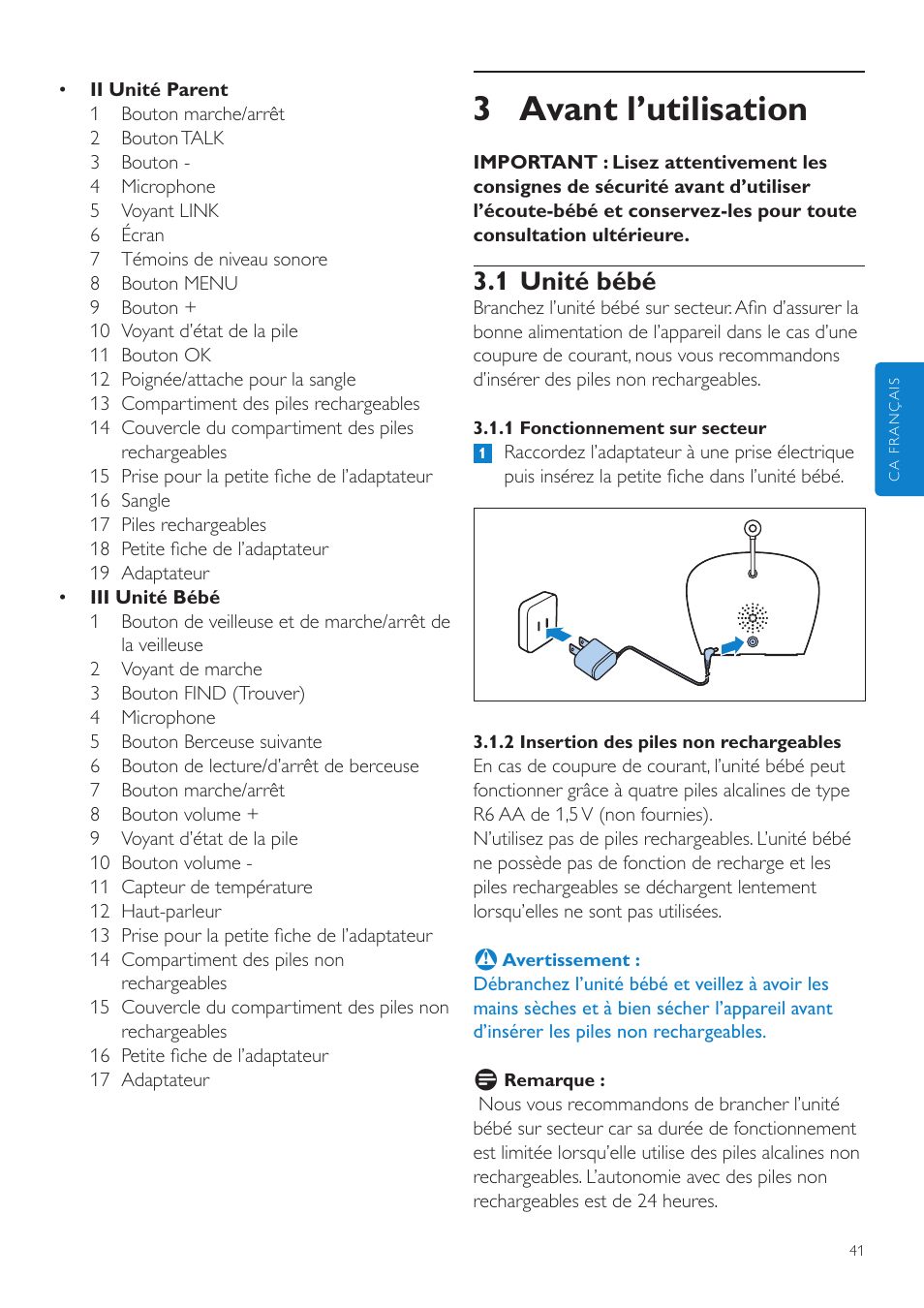 3 avant l’utilisation, 1 unité bébé | Philips SCD560-10 User Manual | Page 41 / 80