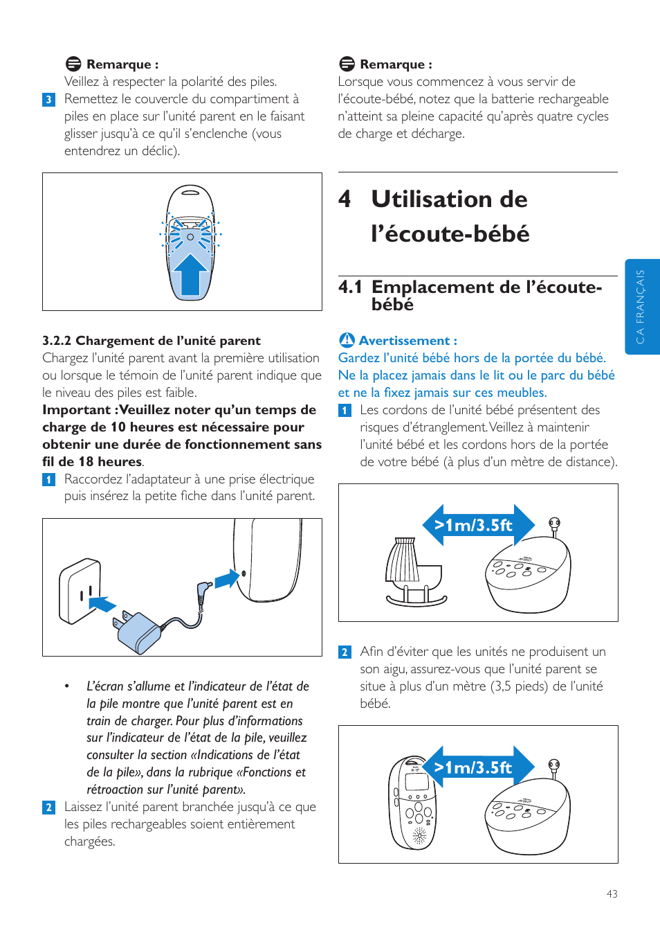 4 utilisation de l’écoute-bébé, 1 emplacement de l’écoute- bébé | Philips SCD560-10 User Manual | Page 43 / 80