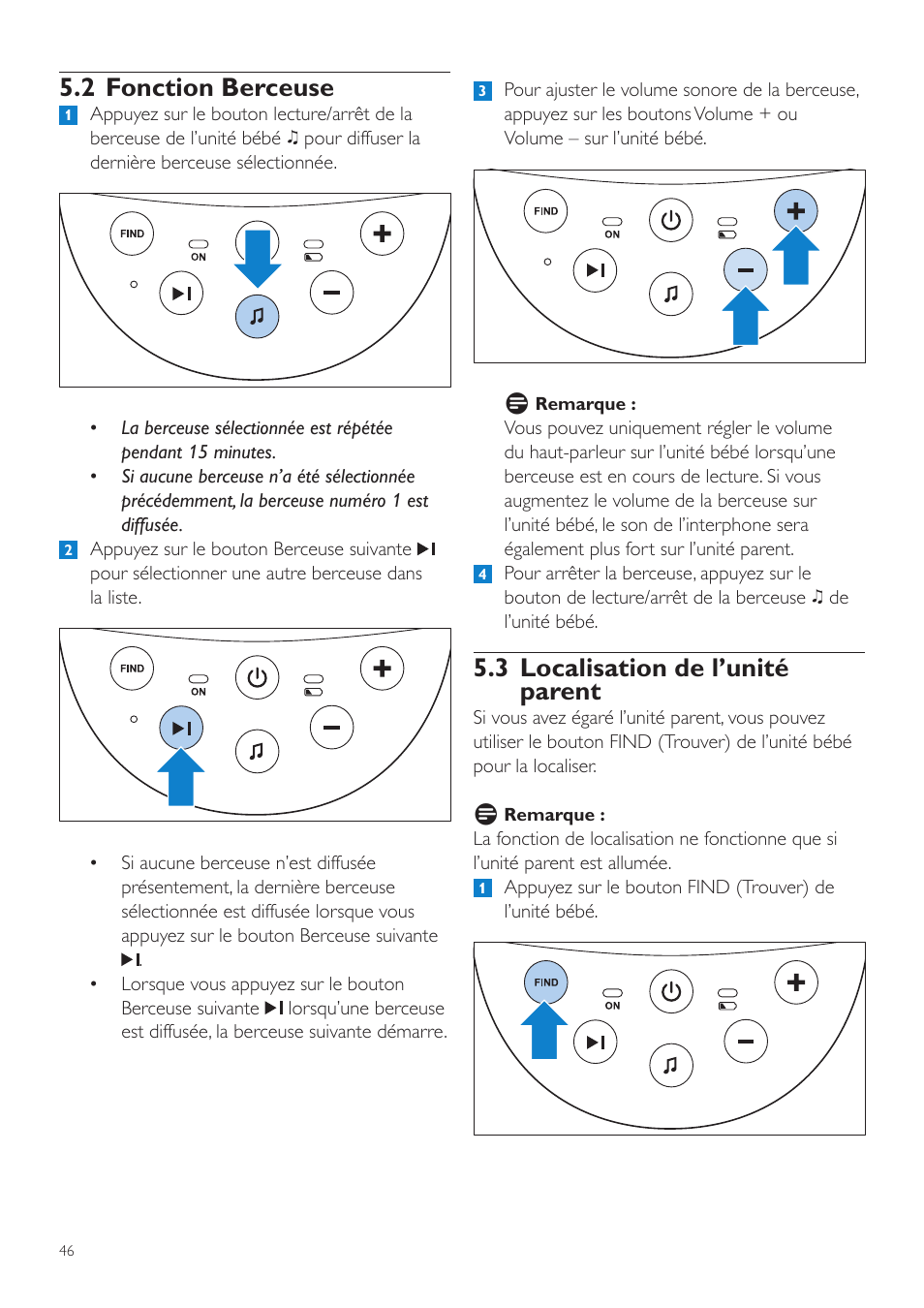 3 localisation de l’unité parent, 2 fonction berceuse | Philips SCD560-10 User Manual | Page 46 / 80