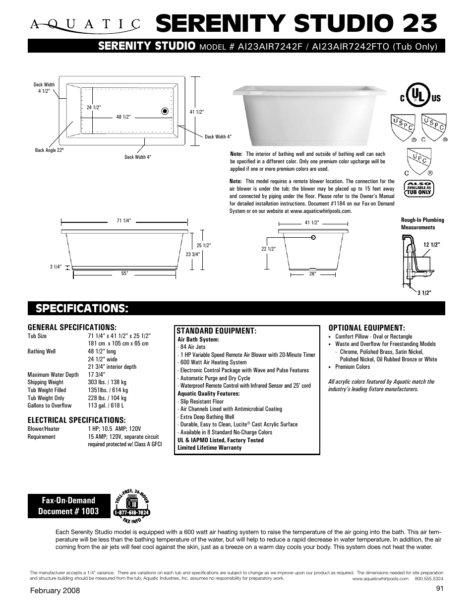 Aquatic AI23AIR7242FTO User Manual | 1 page
