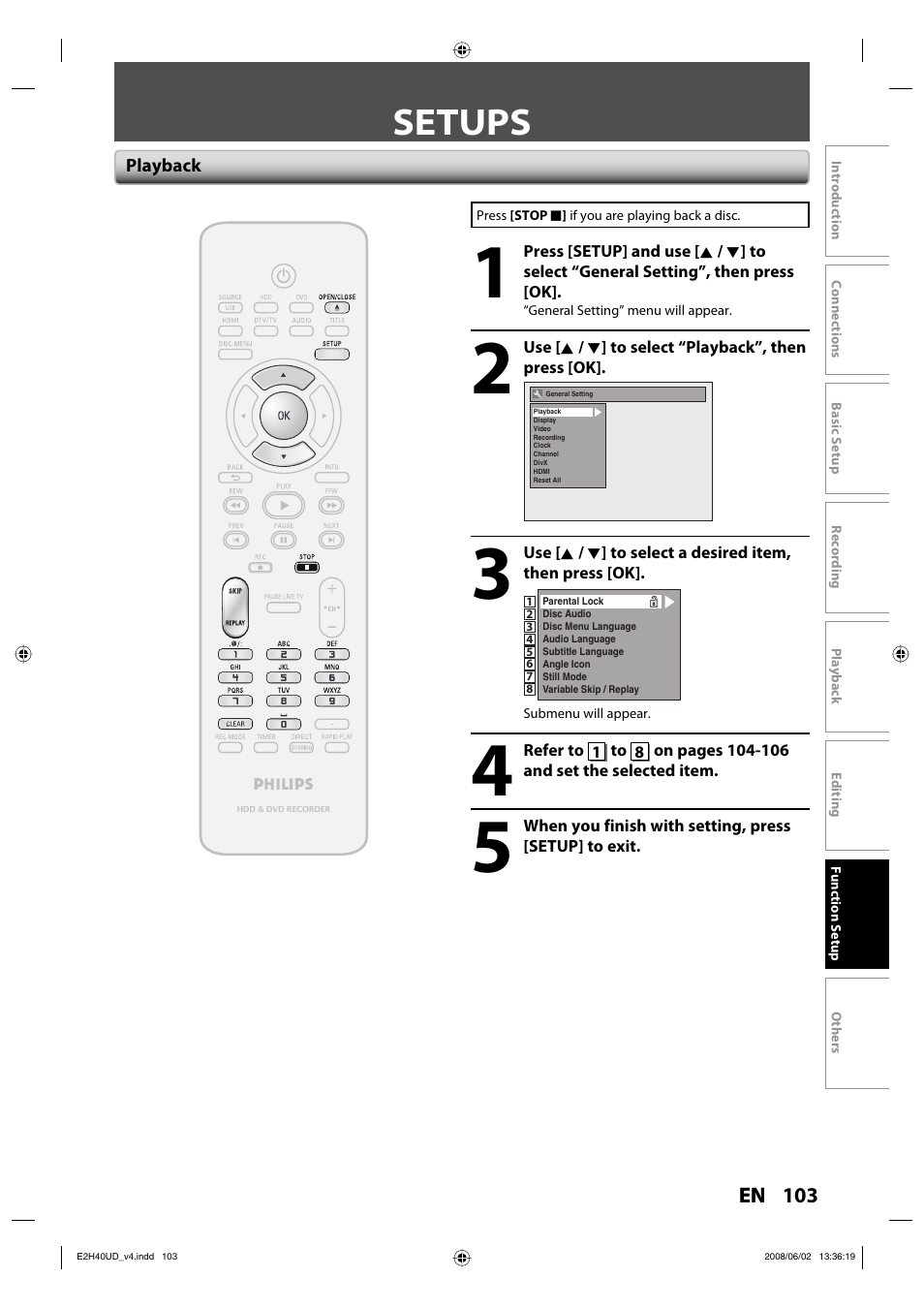 Setups | Philips DVDR3575H-37E User Manual | Page 103 / 124