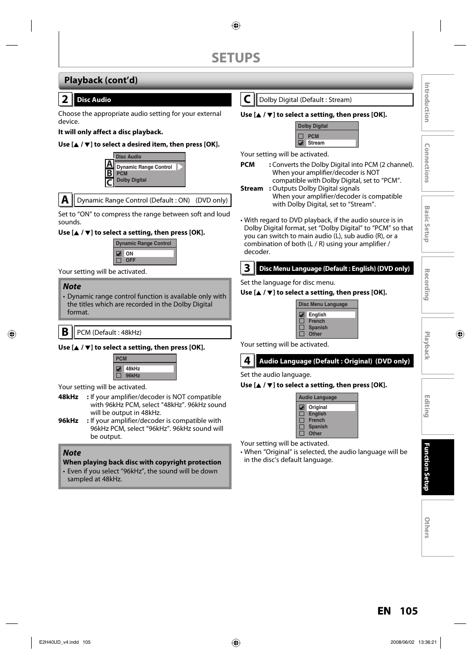 Setups, 105 en, Ab c | Playback (cont’d) | Philips DVDR3575H-37E User Manual | Page 105 / 124