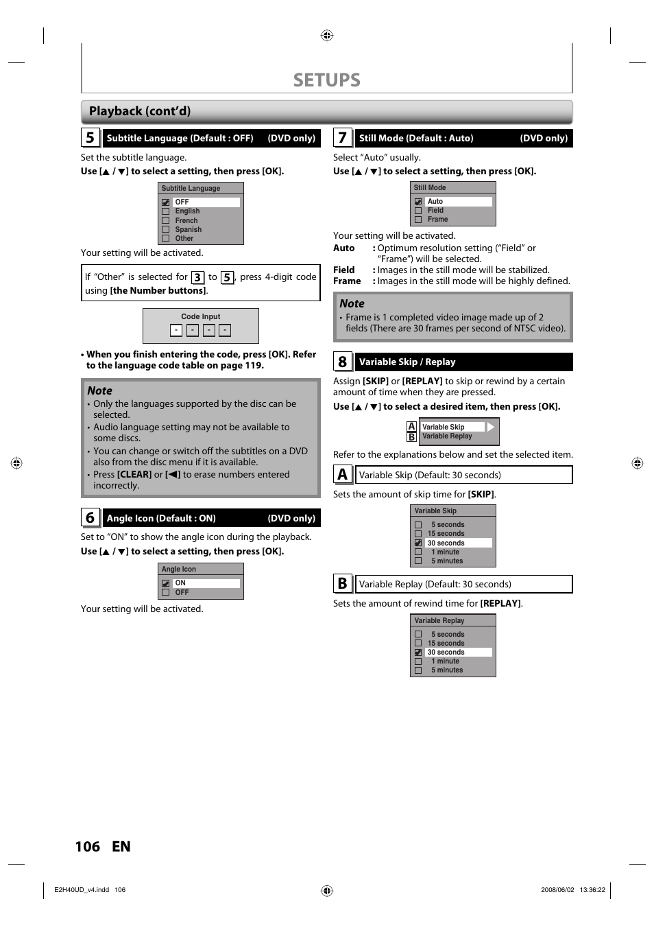 Setups, 106 en, Playback (cont’d) | Philips DVDR3575H-37E User Manual | Page 106 / 124