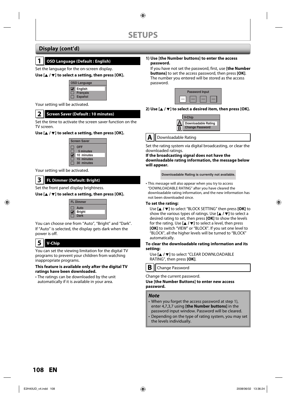 Setups, 108 en, Display (cont’d) | Philips DVDR3575H-37E User Manual | Page 108 / 124