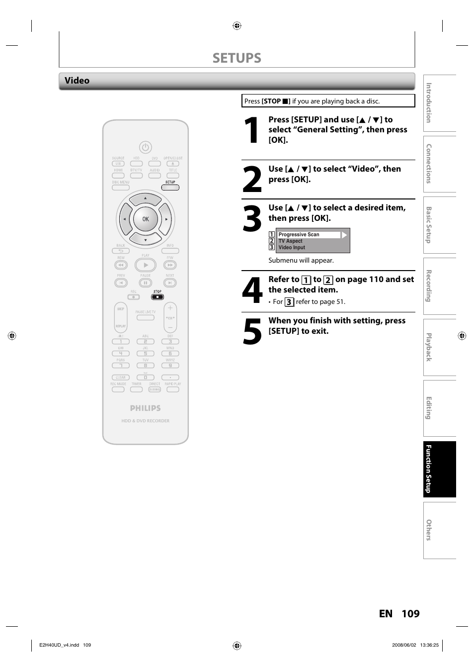 Setups | Philips DVDR3575H-37E User Manual | Page 109 / 124