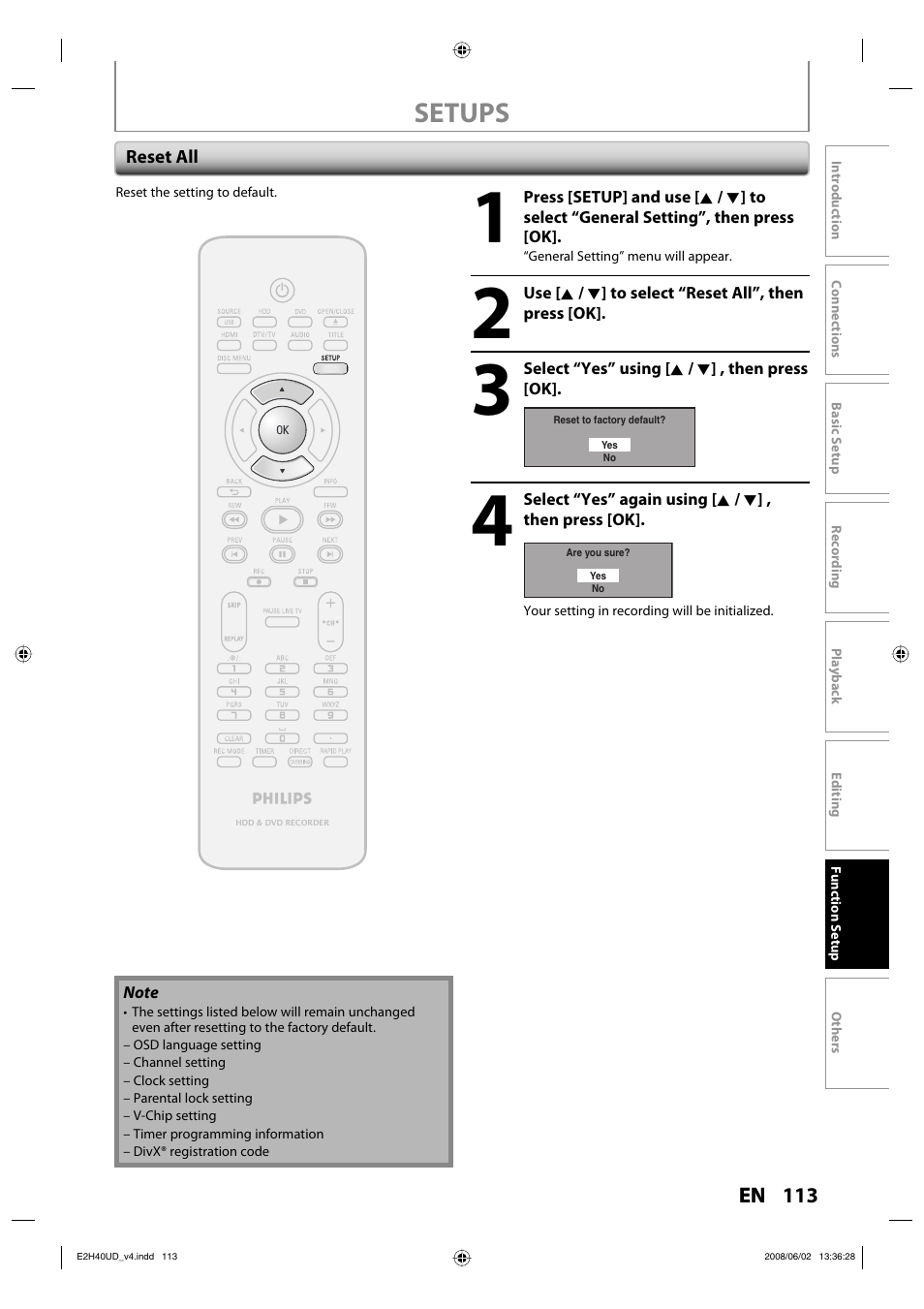 Setups | Philips DVDR3575H-37E User Manual | Page 113 / 124