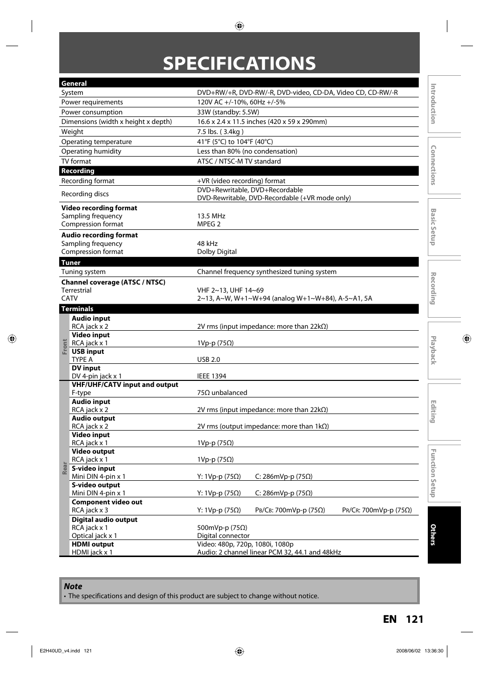 Specifications, 121 en | Philips DVDR3575H-37E User Manual | Page 121 / 124