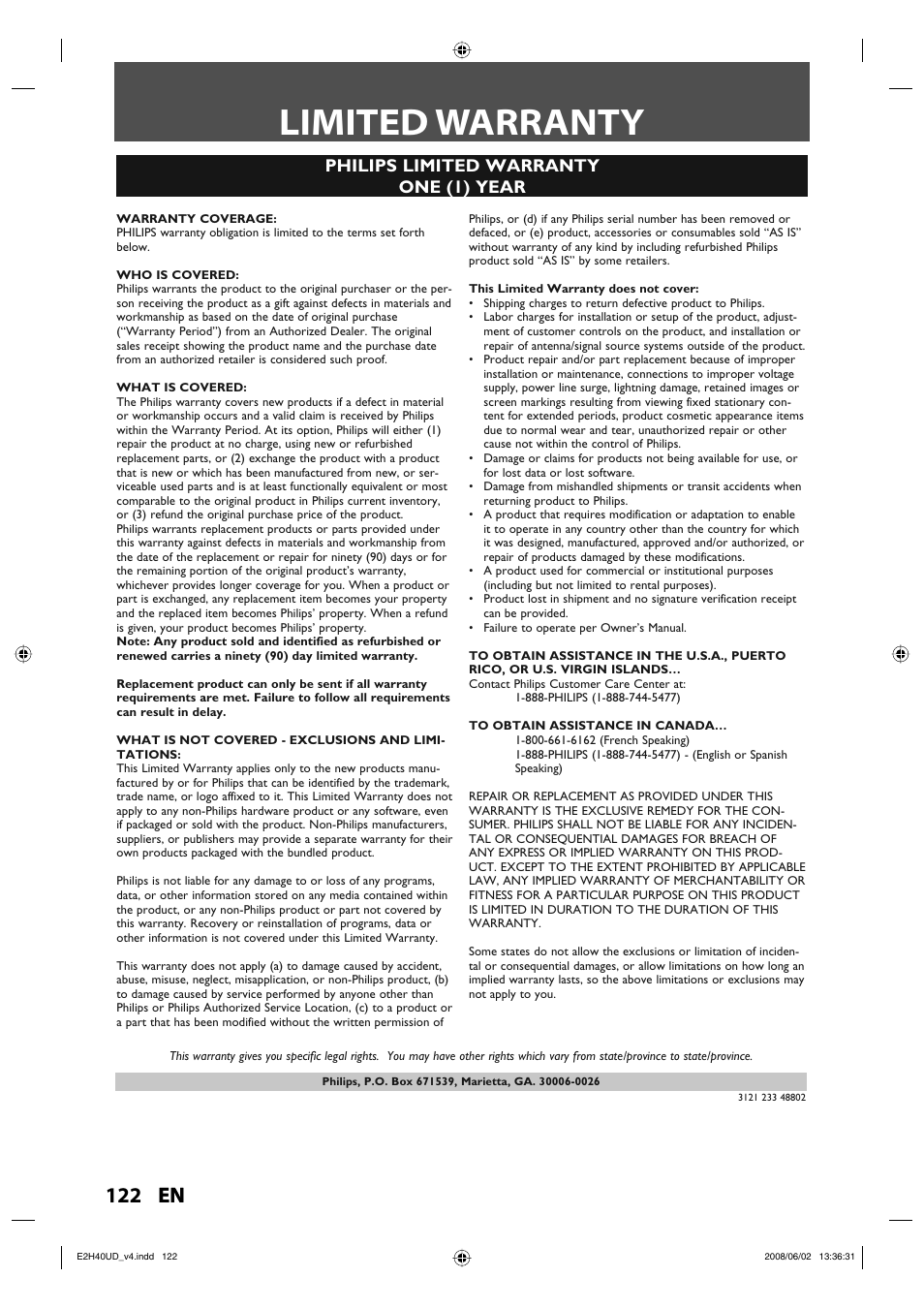 Limited warranty, 122 en, Philips limited warranty one (1) year | Philips DVDR3575H-37E User Manual | Page 122 / 124