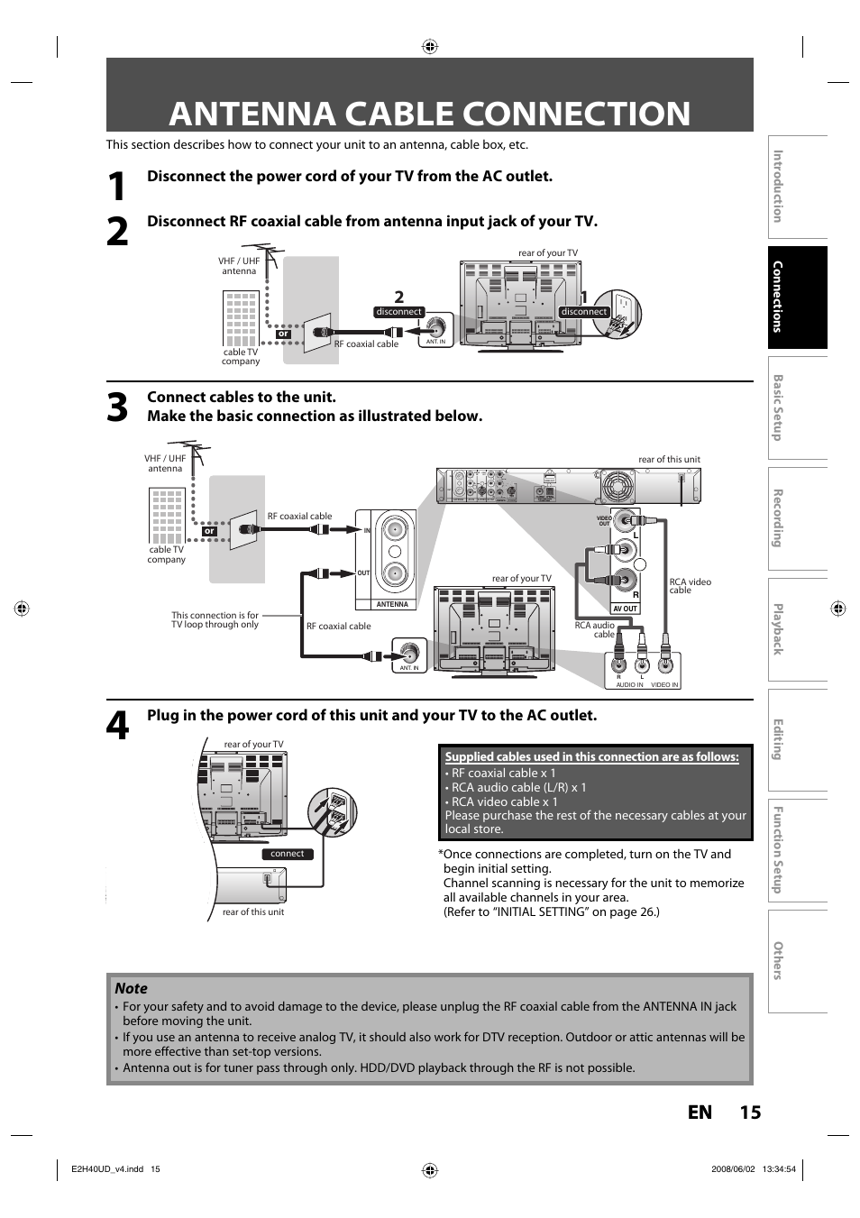 Antenna cable connection, 15 en | Philips DVDR3575H-37E User Manual | Page 15 / 124