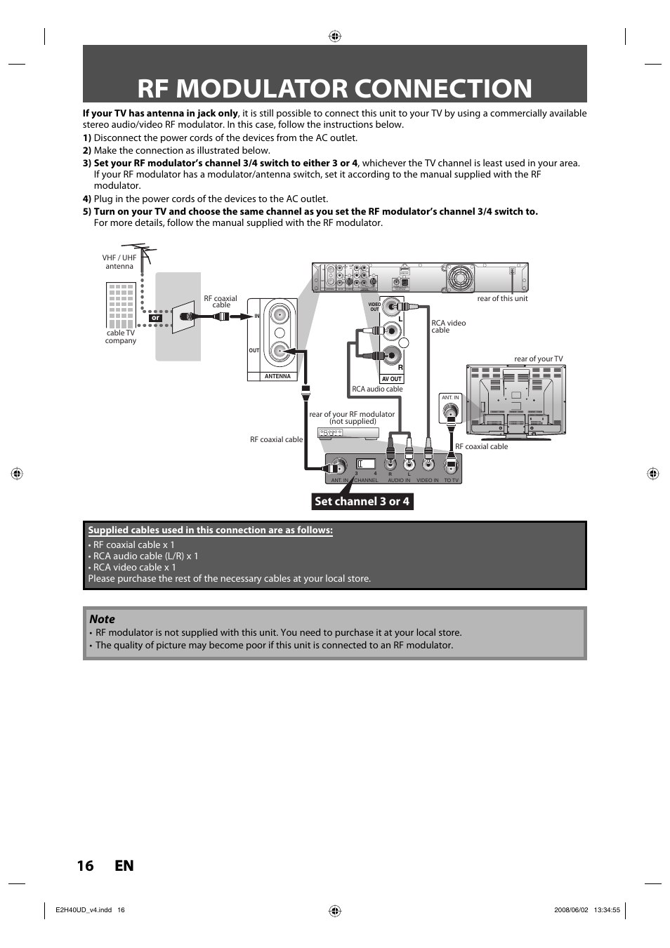 Rf modulator connection, 16 en 16 en, Set channel 3 or 4 | Digital audio output pcm / bitstream | Philips DVDR3575H-37E User Manual | Page 16 / 124