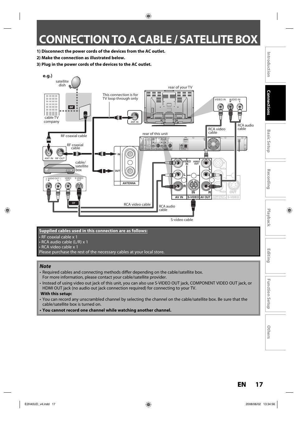 Connection to a cable / satellite box, 17 en, E.g.) | Philips DVDR3575H-37E User Manual | Page 17 / 124