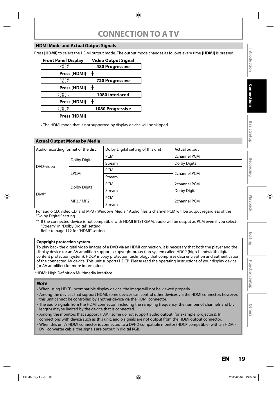 Connection to a tv, 19 en | Philips DVDR3575H-37E User Manual | Page 19 / 124