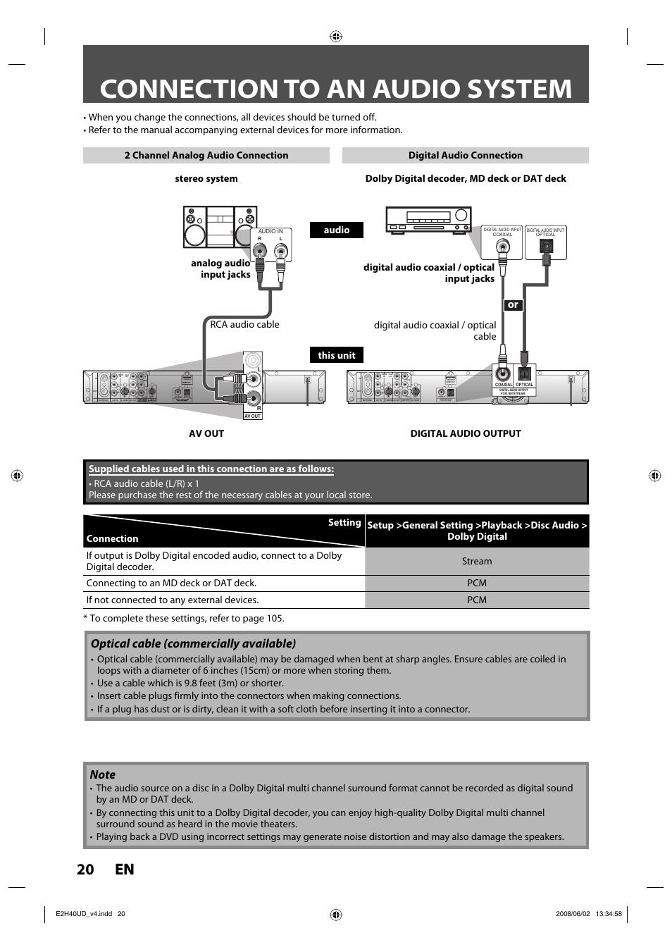 Connection to an audio system, 20 en 20 en, Optical cable (commercially available) | Component video output | Philips DVDR3575H-37E User Manual | Page 20 / 124