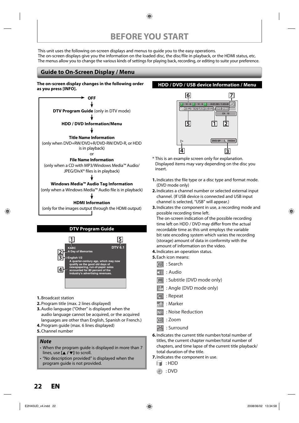 Before you start, 22 en 22 en, Guide to on-screen display / menu | Philips DVDR3575H-37E User Manual | Page 22 / 124