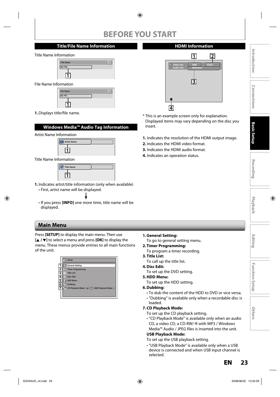 Before you start, 23 en, Main menu | Philips DVDR3575H-37E User Manual | Page 23 / 124