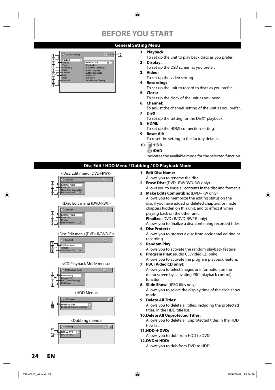 Before you start, 24 en 24 en | Philips DVDR3575H-37E User Manual | Page 24 / 124