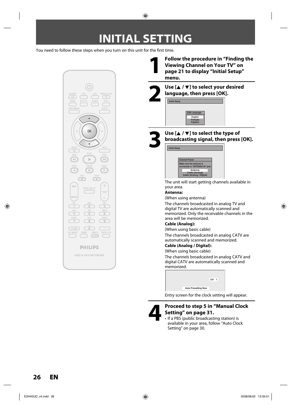 Initial setting | Philips DVDR3575H-37E User Manual | Page 26 / 124