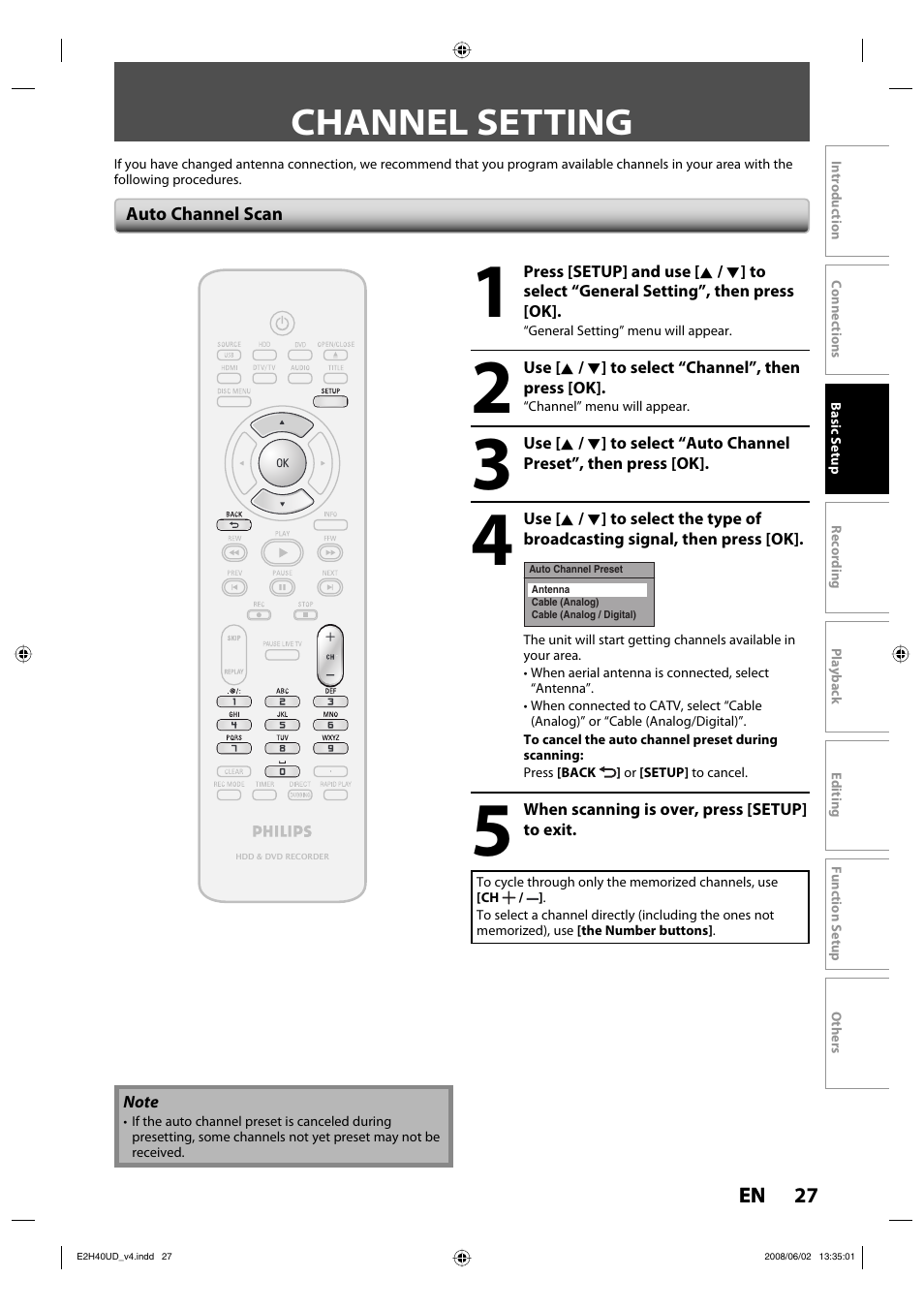 Channel setting | Philips DVDR3575H-37E User Manual | Page 27 / 124
