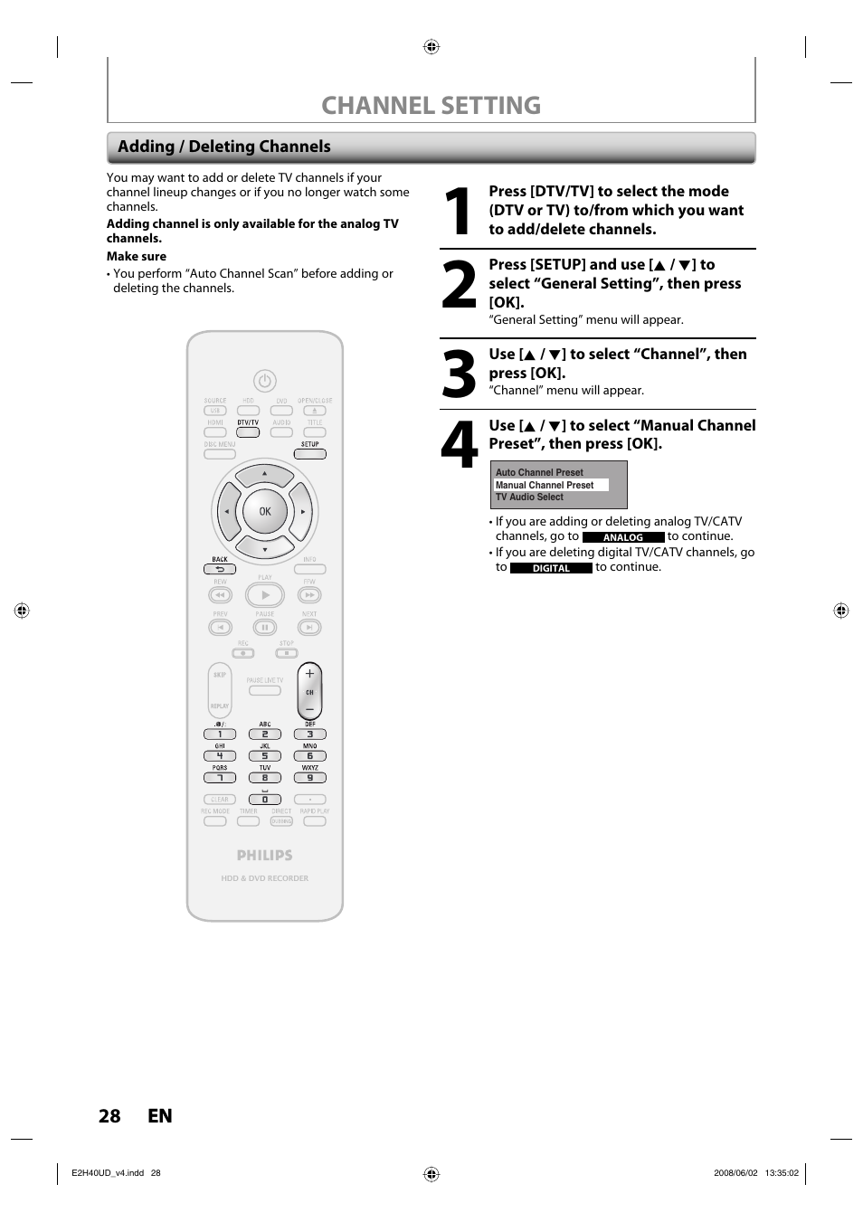Channel setting | Philips DVDR3575H-37E User Manual | Page 28 / 124