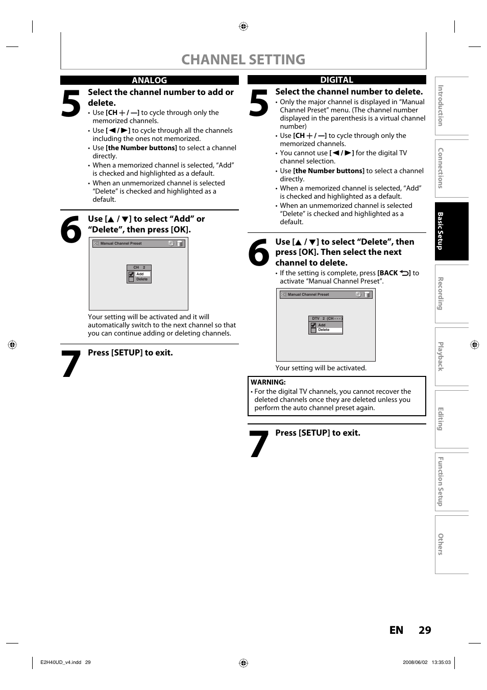 Channel setting | Philips DVDR3575H-37E User Manual | Page 29 / 124