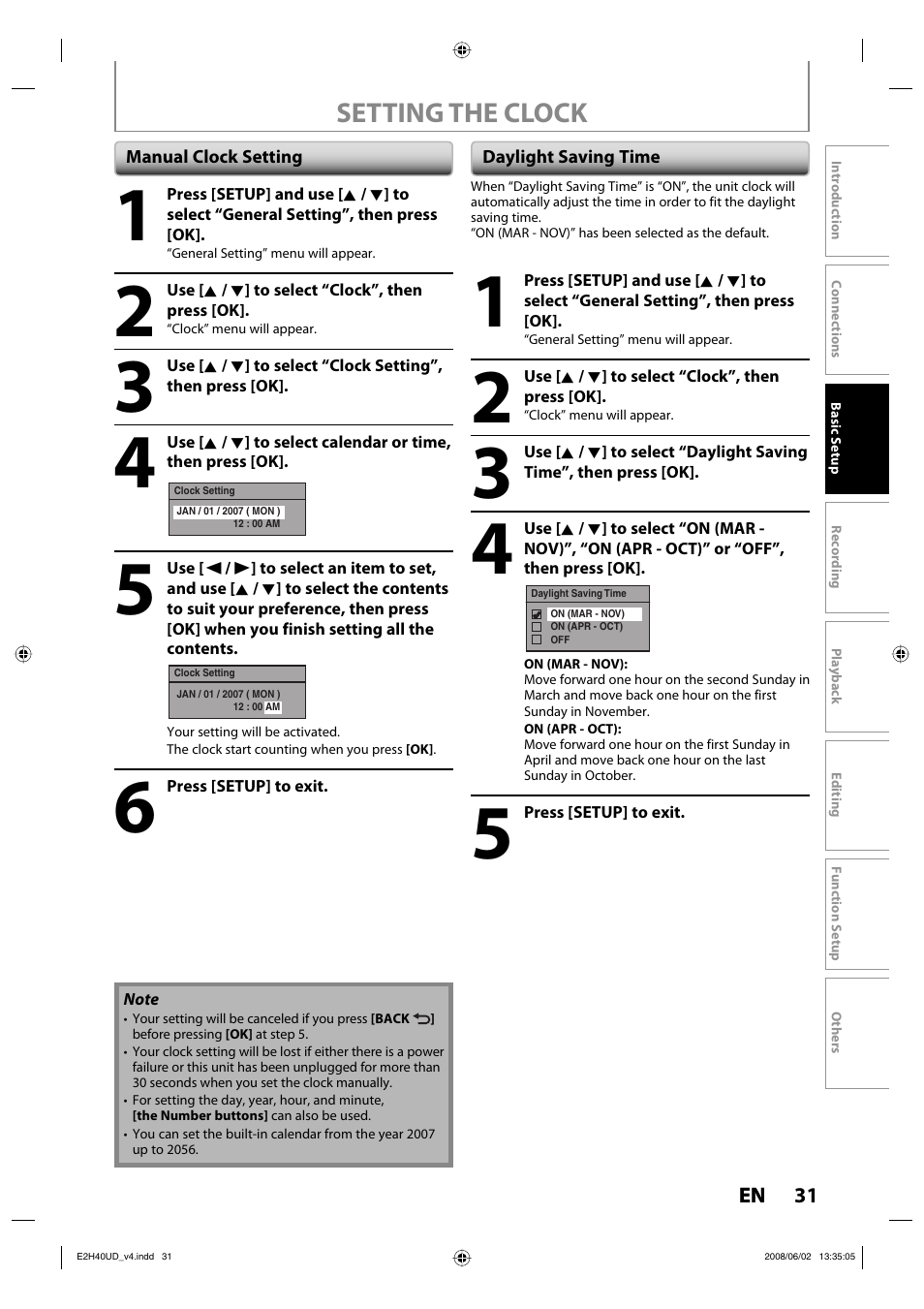 Setting the clock | Philips DVDR3575H-37E User Manual | Page 31 / 124