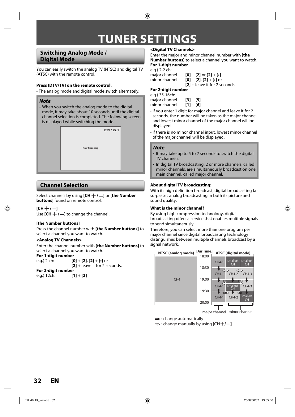 Tuner settings, 32 en 32 en, Switching analog mode / digital mode | Channel selection | Philips DVDR3575H-37E User Manual | Page 32 / 124