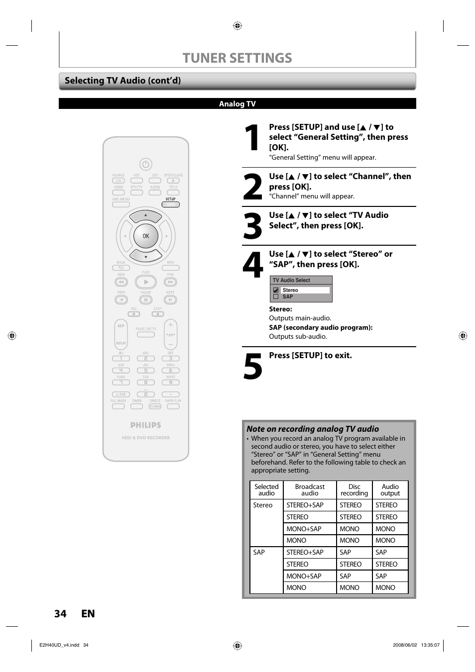 Tuner settings | Philips DVDR3575H-37E User Manual | Page 34 / 124