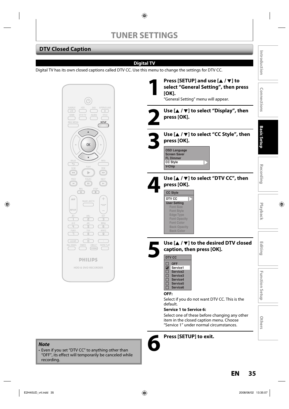Tuner settings | Philips DVDR3575H-37E User Manual | Page 35 / 124