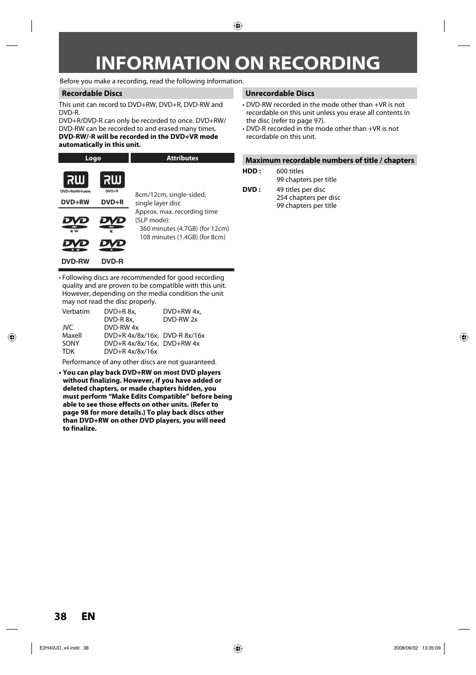 Information on recording, 38 en 38 en | Philips DVDR3575H-37E User Manual | Page 38 / 124