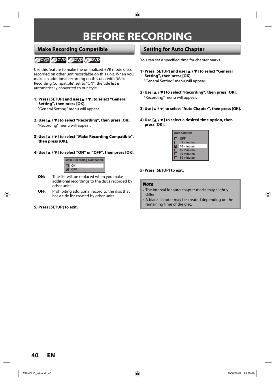 Before recording, 40 en 40 en, Make recording compatible setting for auto chapter | Philips DVDR3575H-37E User Manual | Page 40 / 124