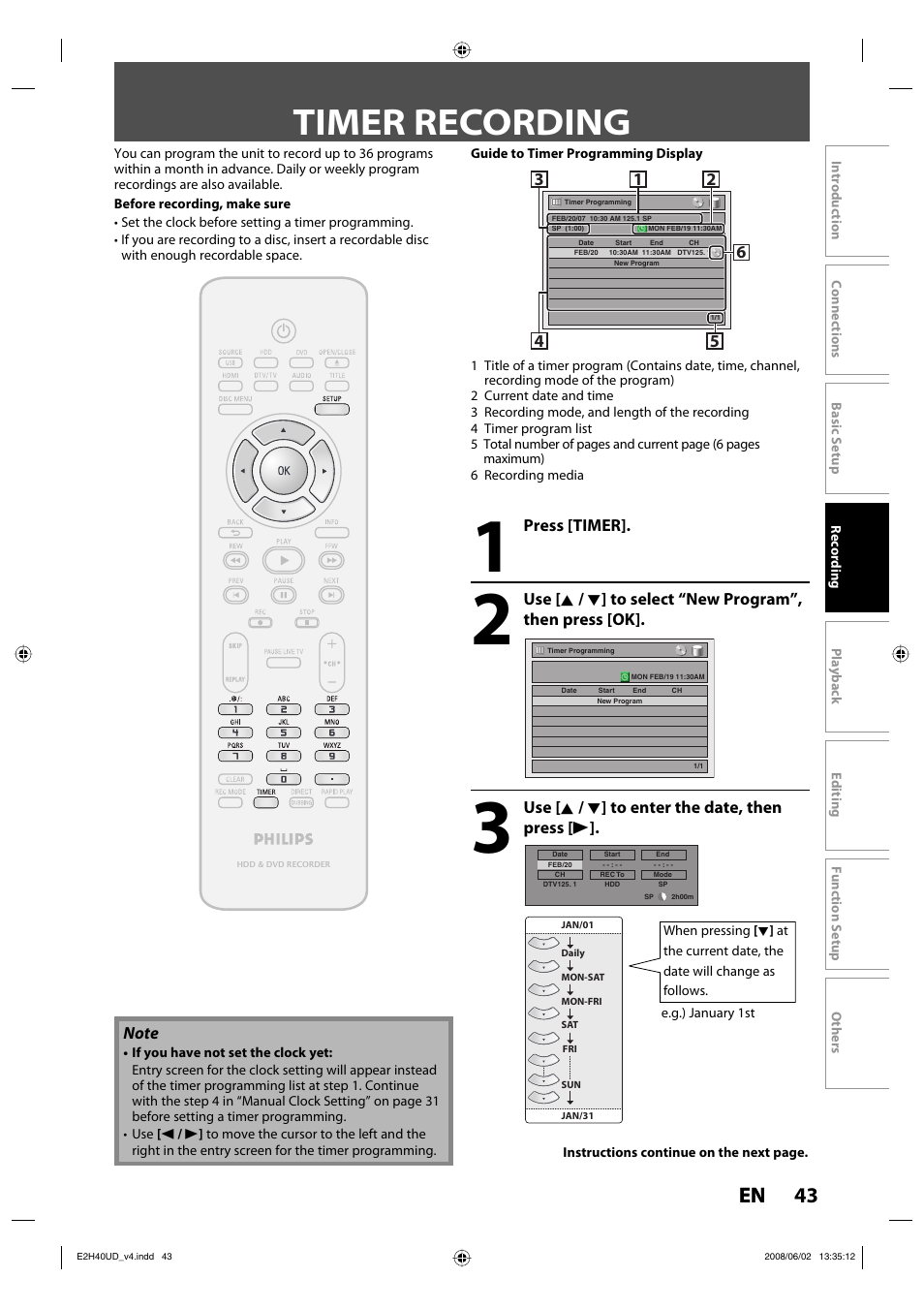 Timer recording, 43 en | Philips DVDR3575H-37E User Manual | Page 43 / 124