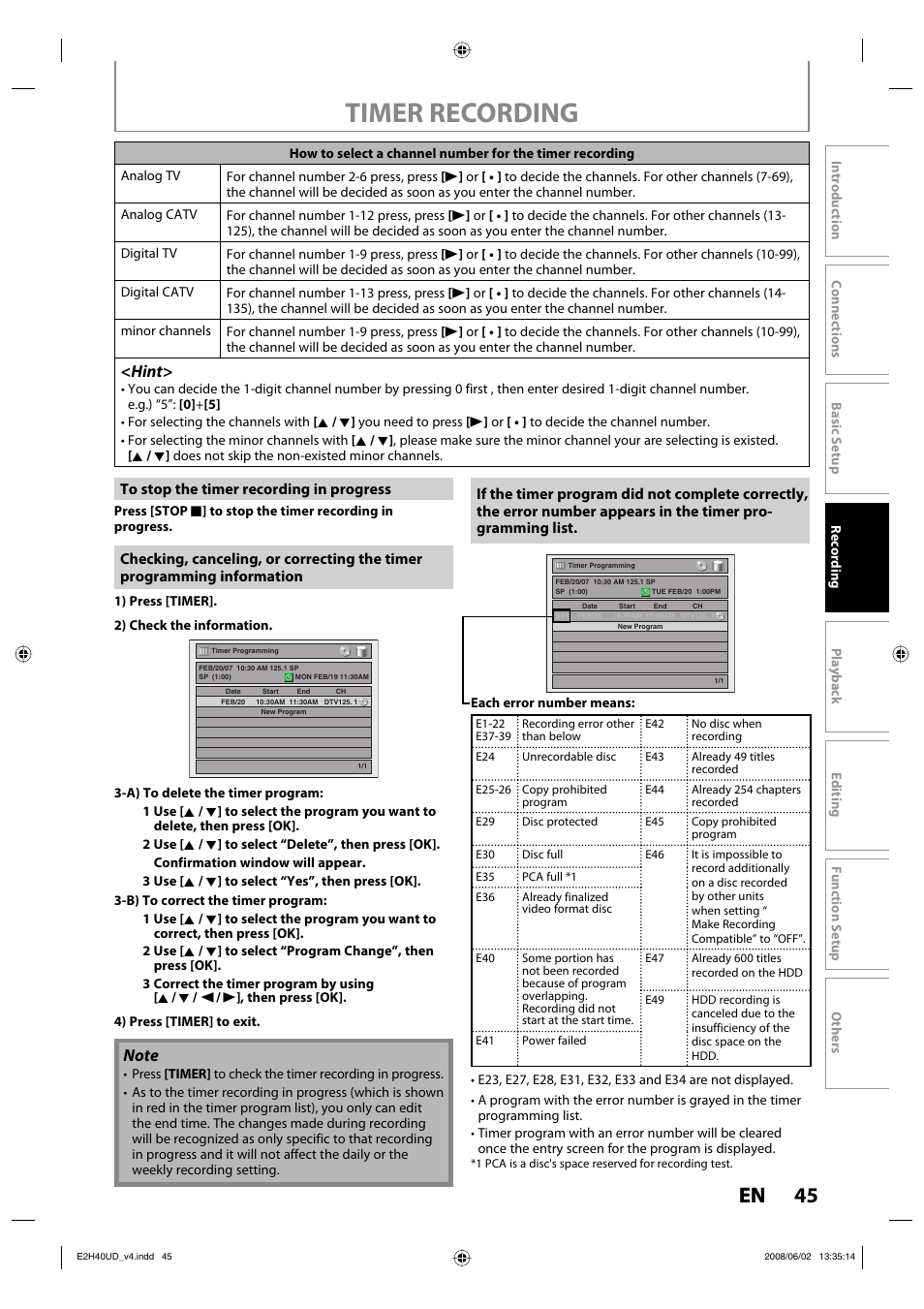 Timer recording, 45 en, Hint | Philips DVDR3575H-37E User Manual | Page 45 / 124