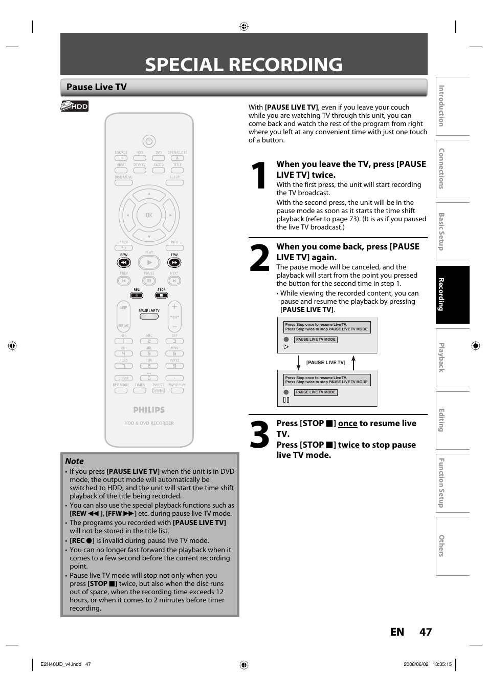 Special recording, 47 en | Philips DVDR3575H-37E User Manual | Page 47 / 124