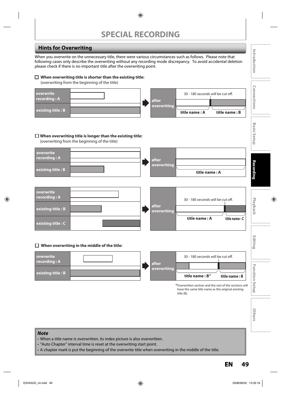 Special recording, 49 en, Hints for overwriting | Philips DVDR3575H-37E User Manual | Page 49 / 124