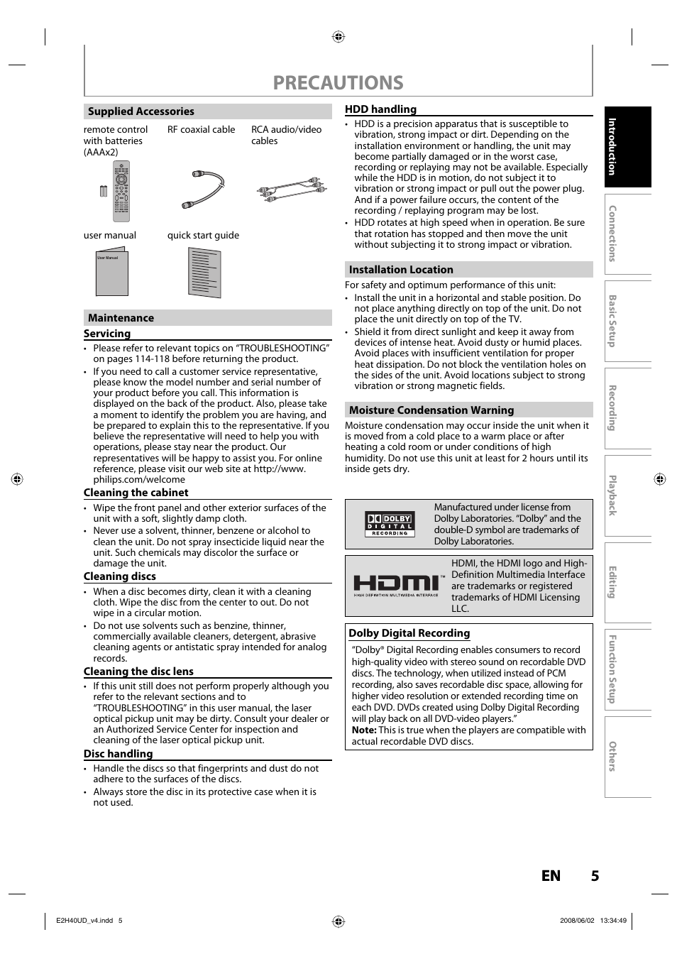 Precautions | Philips DVDR3575H-37E User Manual | Page 5 / 124