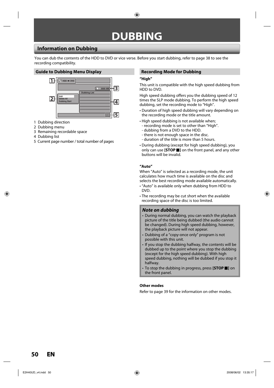 Dubbing, 50 en 50 en, Information on dubbing | Philips DVDR3575H-37E User Manual | Page 50 / 124