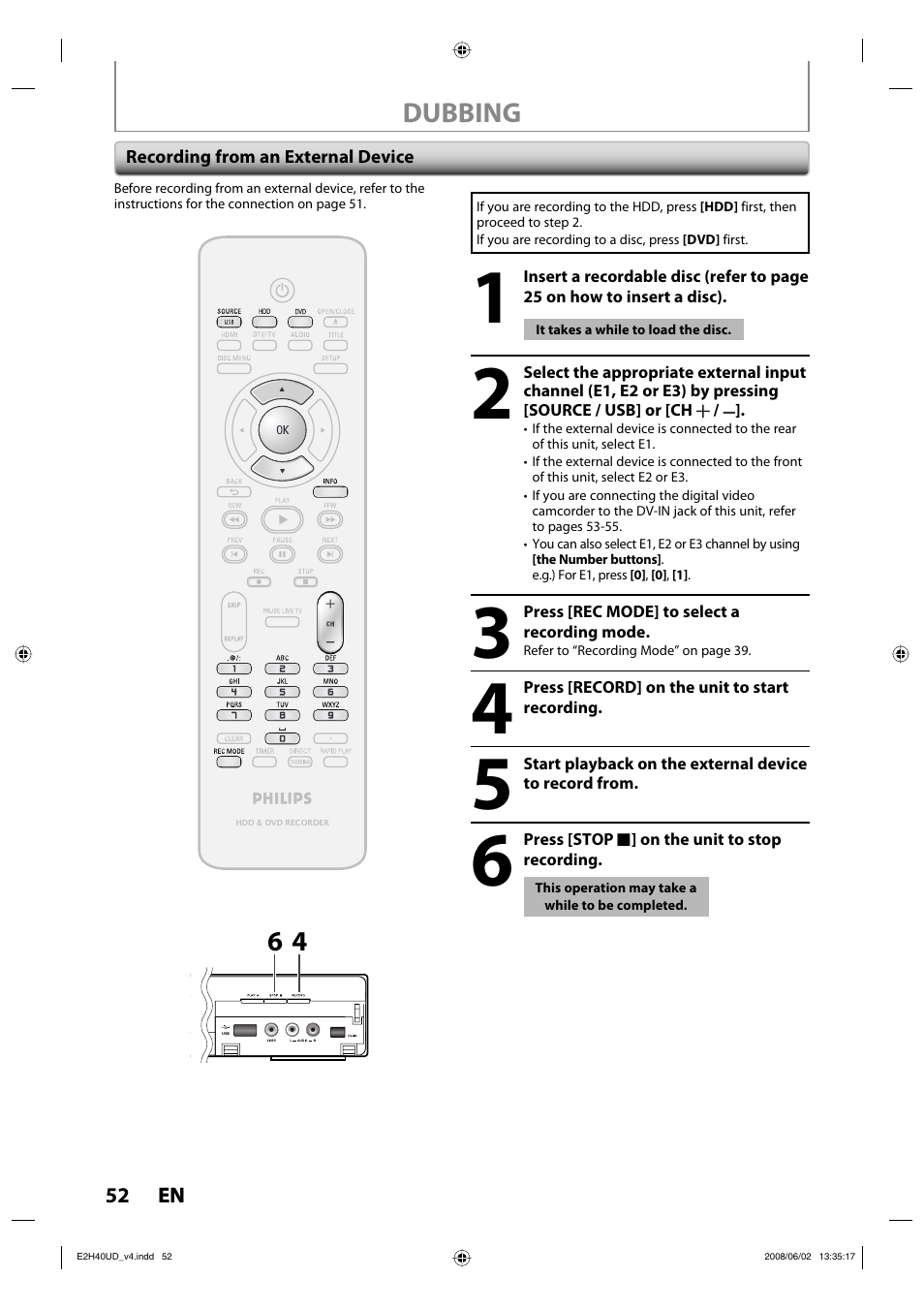 Dubbing | Philips DVDR3575H-37E User Manual | Page 52 / 124