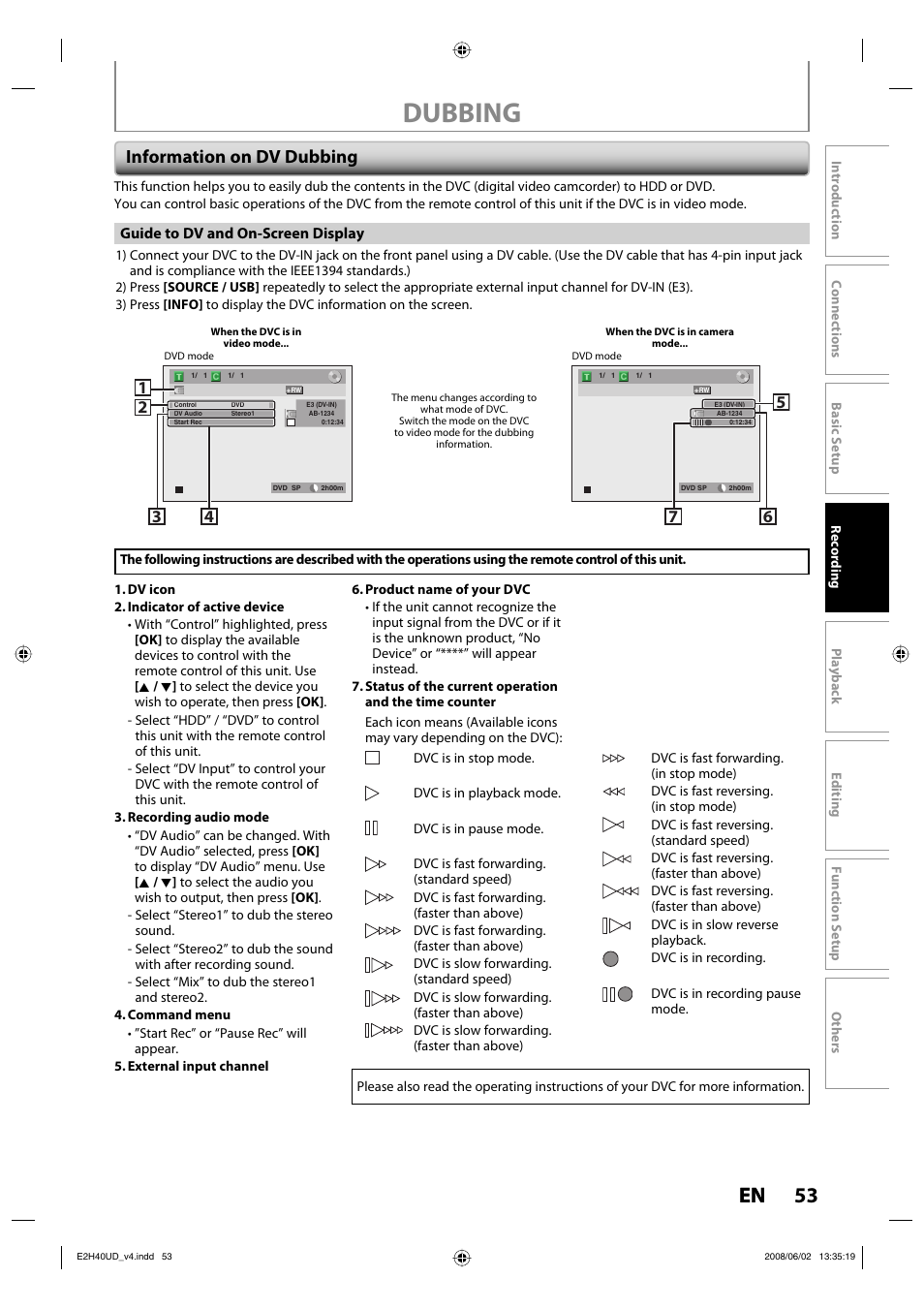 Dubbing, 53 en, Information on dv dubbing | Philips DVDR3575H-37E User Manual | Page 53 / 124