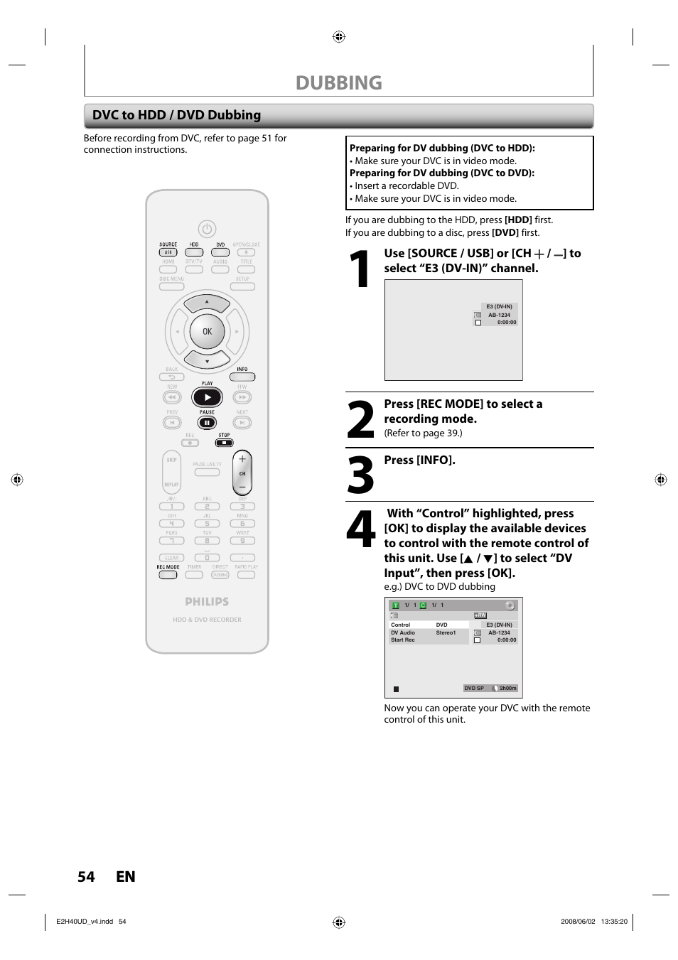 Dubbing | Philips DVDR3575H-37E User Manual | Page 54 / 124