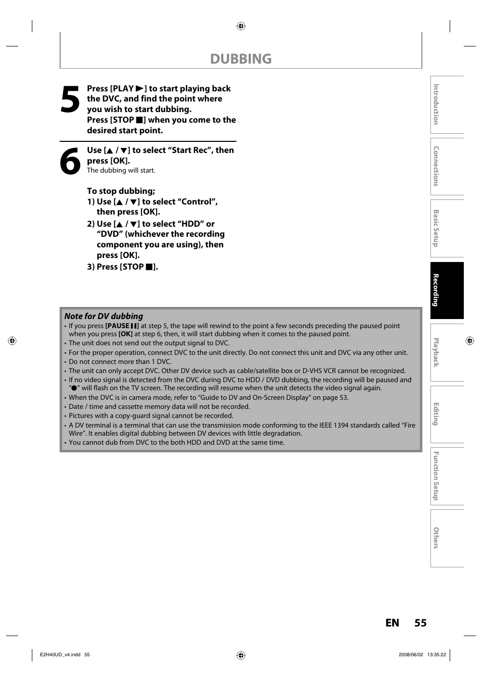 Dubbing | Philips DVDR3575H-37E User Manual | Page 55 / 124