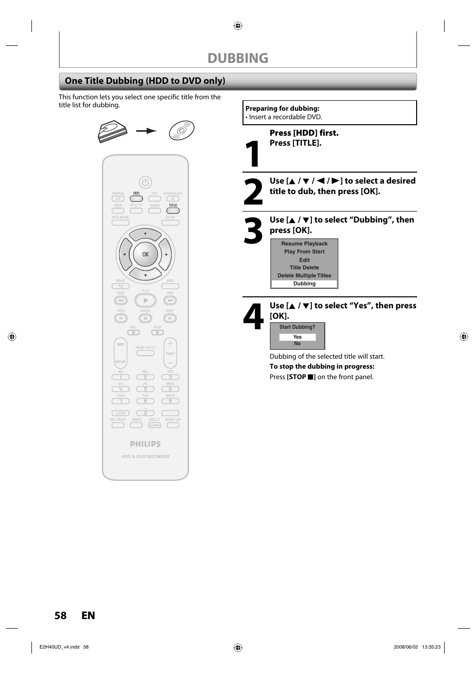 Dubbing | Philips DVDR3575H-37E User Manual | Page 58 / 124