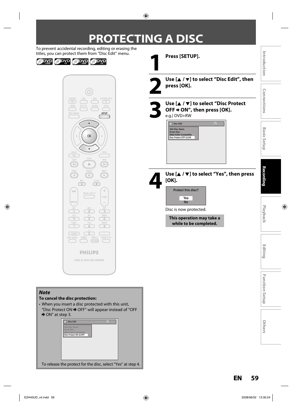 Protecting a disc | Philips DVDR3575H-37E User Manual | Page 59 / 124