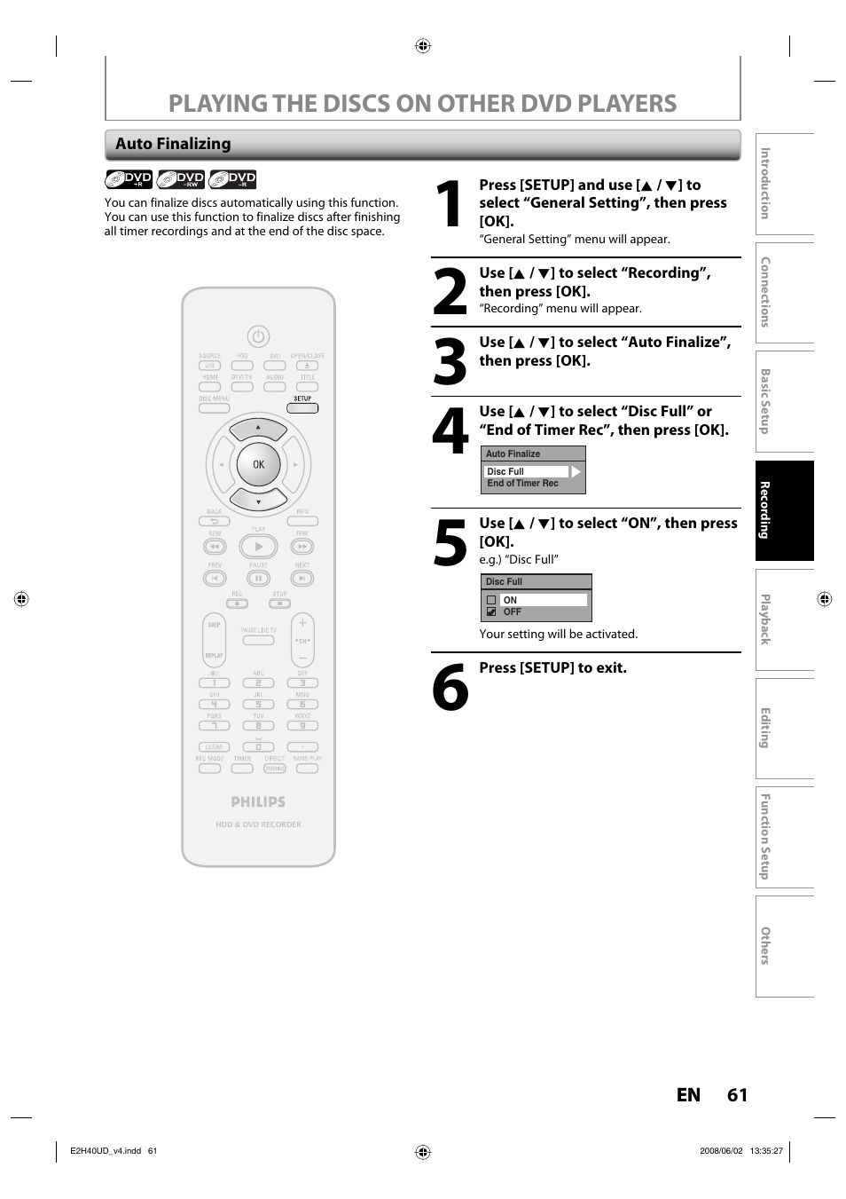 Playing the discs on other dvd players | Philips DVDR3575H-37E User Manual | Page 61 / 124