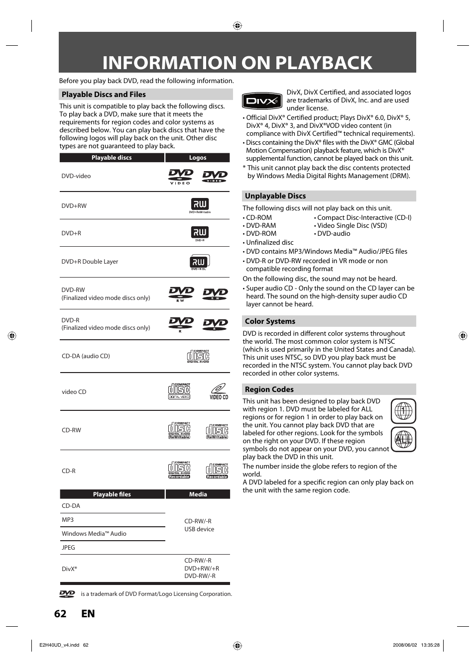 Information on playback, 62 en 62 en | Philips DVDR3575H-37E User Manual | Page 62 / 124