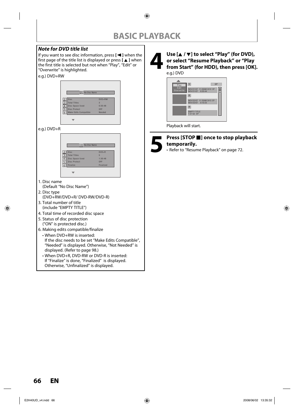 Basic playback, 66 en 66 en, Press [stop c ] once to stop playback temporarily | Philips DVDR3575H-37E User Manual | Page 66 / 124