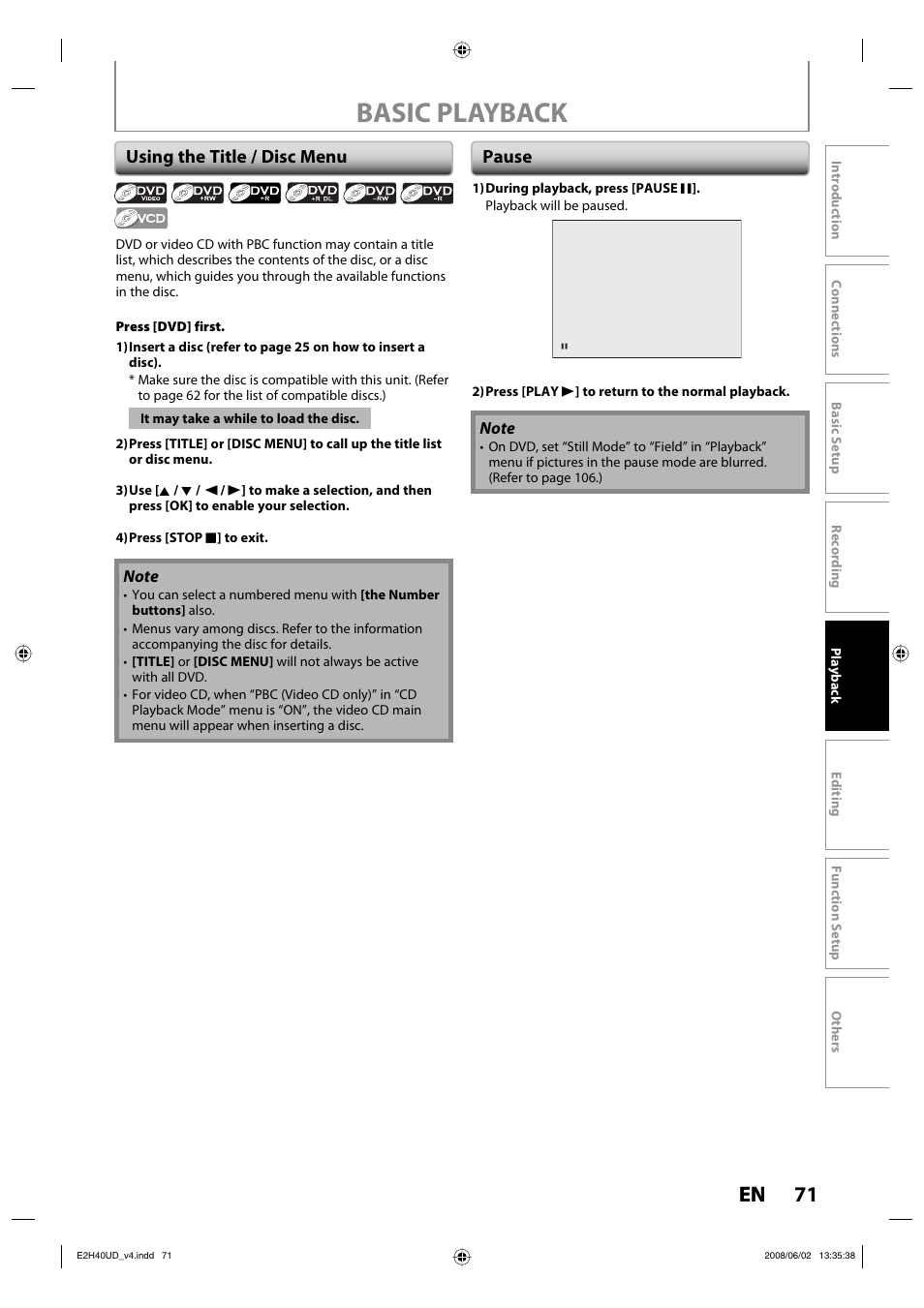 Basic playback, 71 en, Using the title / disc menu | Pause | Philips DVDR3575H-37E User Manual | Page 71 / 124